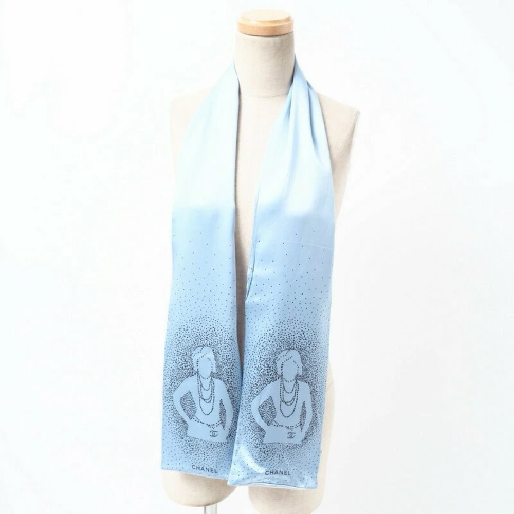 Chanel Silk Scarf – Coco Portrait Design in Ombre Blue
